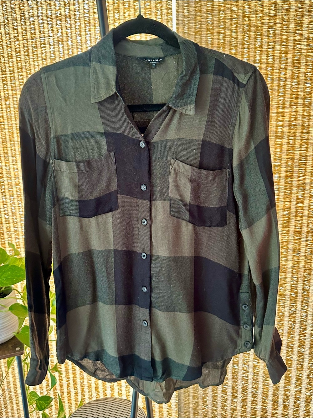 Lucky Brand Black and Olive Green Plaid Button-Down Shirt